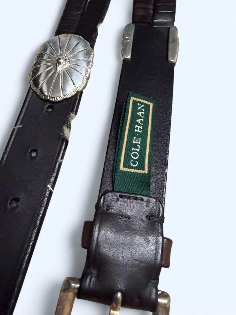 Cole Haan Black Leather Belt with Silver-Tone‎ Western Conchos - Picture 2 of 7